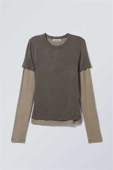 Slim Double-Layered Long-Sleeved T-shirt - Dark Mole - Ladies | H&M GB
