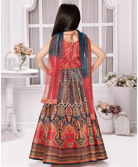 Girls Printed Mirror Work Sweetheart Neck Art Silk Lehenga With Blouse ...