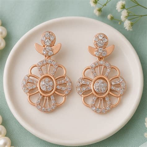 Rose Gold Plated CZ Flower Designer Earrings – Estele