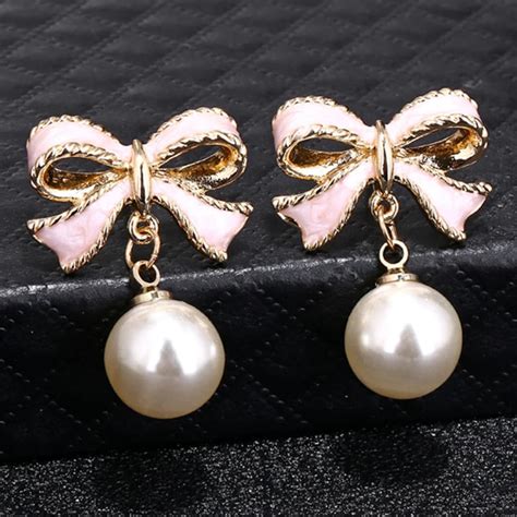 Hot Fashion Cute Pink Bow Earrings Pearl Earrings for Women - Etsy