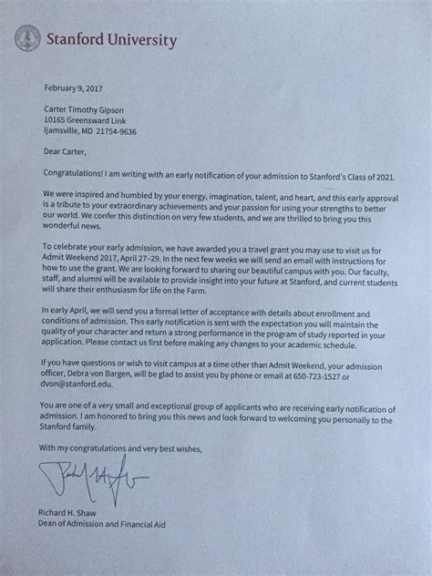 College Acceptance Letter Stanford