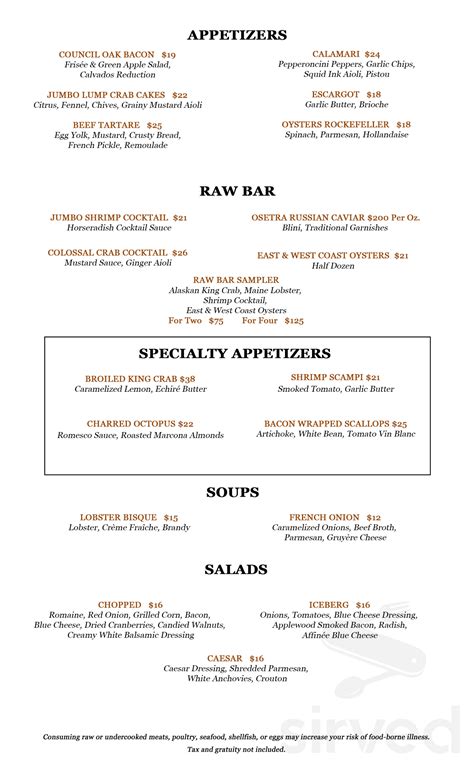 Menu for Council Oak Steaks & Seafood (in Seminole Hard Rock Hollywoo ...