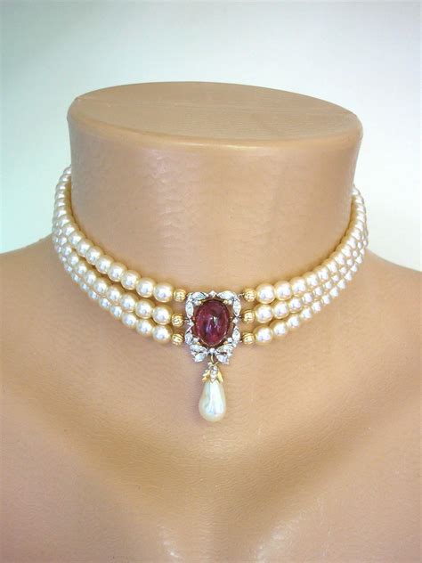 Vintage CIRO Pearl Choker, CIRO Pearls, Indian Bridal Choker, Ruby and ...