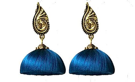 Silk Fabric Jhumki on a oxidised gold peacock stud : Amazon.in: Jewellery