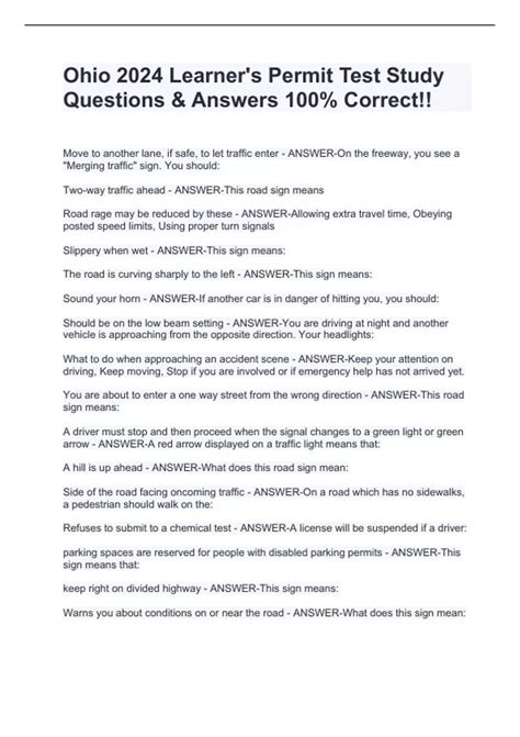 Ohio 2024 Learner's Permit Test Study Questions & Answers 100% Correct ...