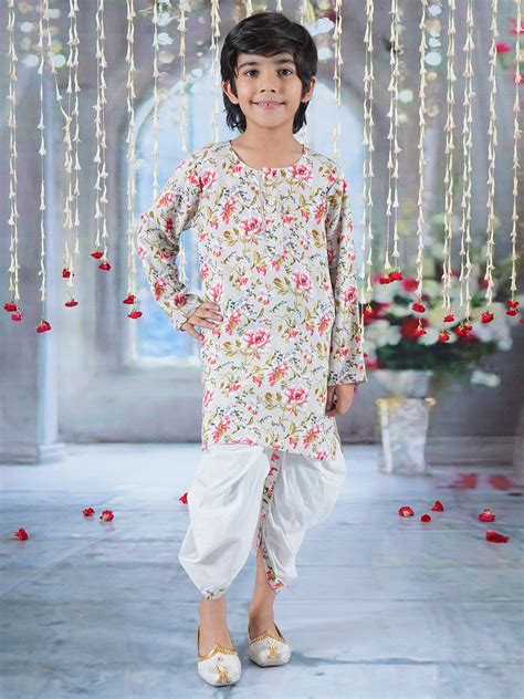Boys Cotton Full Sleeves Kurta Dhoti with Garden Rose Print and Pearl ...
