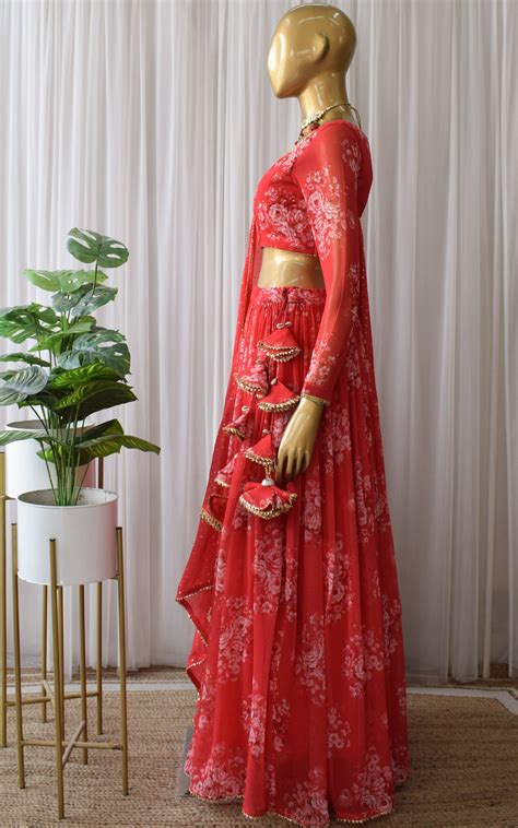 Srishti Red Sequin Work Floral Printed Georgette Lehenga