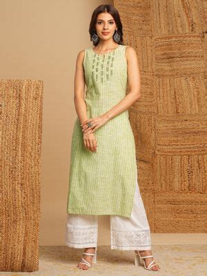 Buy Kami Kubi Women Green Straight Cotton Stripes Embroidered Details ...