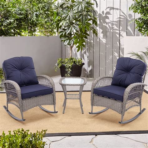 3 Piece Patio Rocking Chairs, Rocking Conversation Set with Blue ...