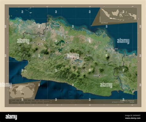 Jawa Barat, province of Indonesia. High resolution satellite map. Locations and names of major ...