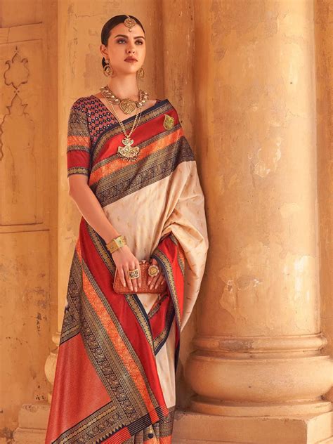 Cream Woven Design Patola Soft Silk Saree - VJV Now - India