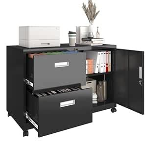 Metal Office Cabinet with 2 Drawers & Adjustable Shelves, Mobile ...