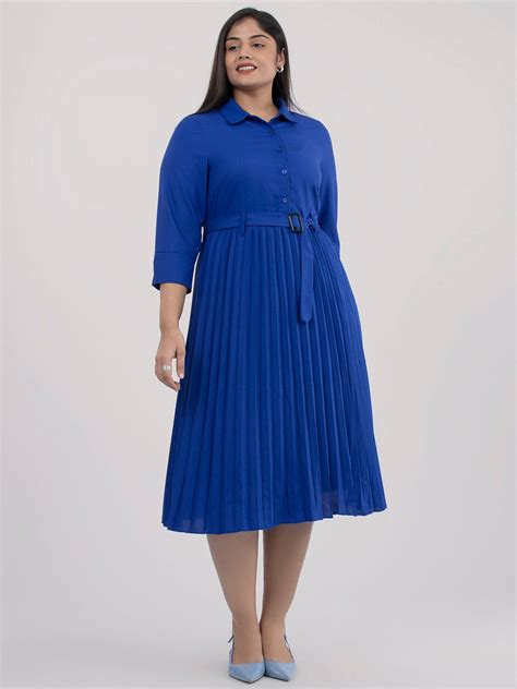Buy Royal Blue Collared Pleated Fit and Flare Dress Online | FableStreet