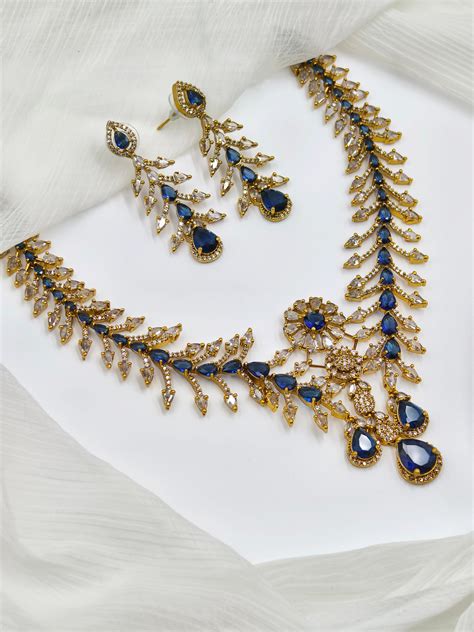 Blue Stone Gold Plated American Diamond Necklace – Shinysaga