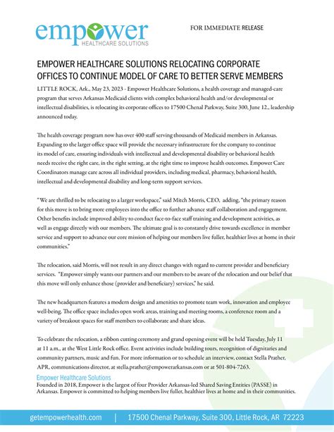 EMPOWER HEALTHCARE SOLUTIONS RELOCATING CORPORATE OFFICES TO CONTINUE ...