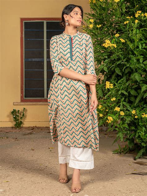 Green Hand Block Printed Cotton Slub Kurta with Pants - Set of 2