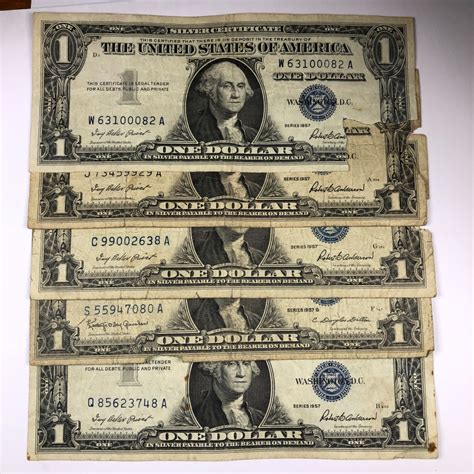 Lot of Five (5) Series 1957 $1 Silver Certificates*Circulated ...