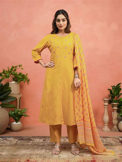 Buy Embroidered Linen Cotton Solid A-line Mustard Kurta TP3197T | Aramya