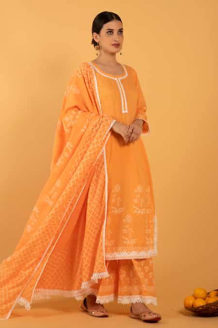 Buy Orange Cotton Embroidery Round Floral Print Kurta Set For Women by ...