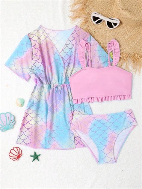 SHEIN Tween Girl Fish Scales Frill Trim Bikini Set With Cover Up Summer ...