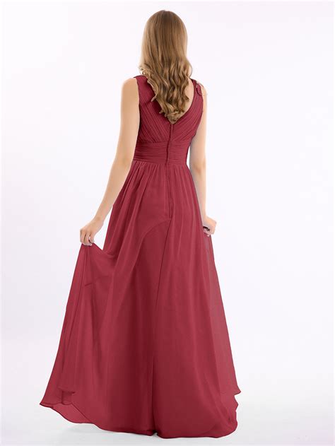 V Neckline Floor Length Chiffon Dresses Gail Burgundy | BABARONI