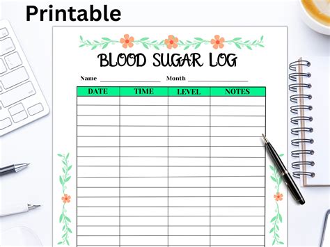 Blood Sugar Log, Blood Sugar Tracker, Blood Sugar Chart, Blood Sugar Chart Printable, Journal ...