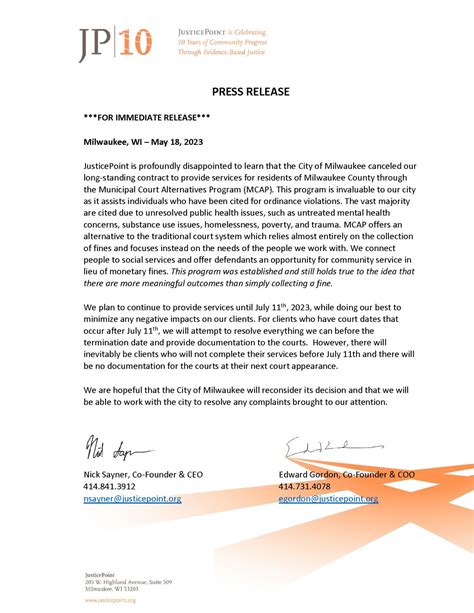 PRESS RELEASE regarding the cancellation of JusticePoint's contract for the Municipal Court ...