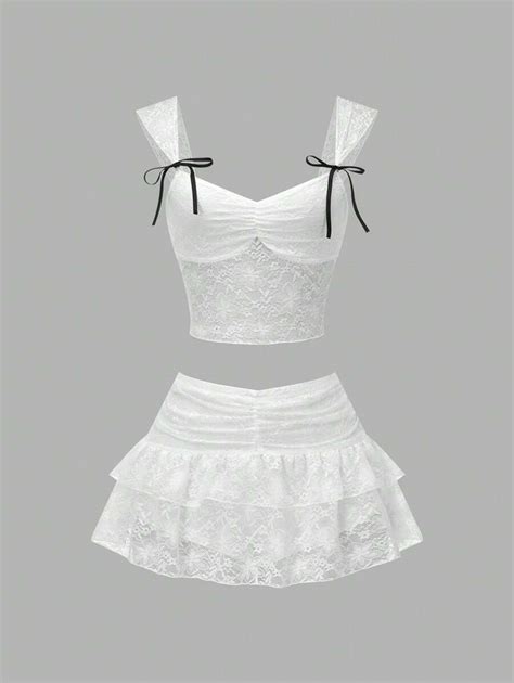 Sweetra Women'S Lace Camisole With Ruffled Chest And Bow Decoration Low ...