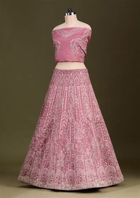 Buy Peach Cording Raw Silk Semi-Stitched Lehenga - Koskii