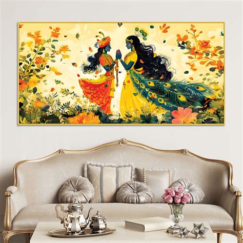 Radha Krishna Floral Spiritual Canvas Wall Painting for Home Decor