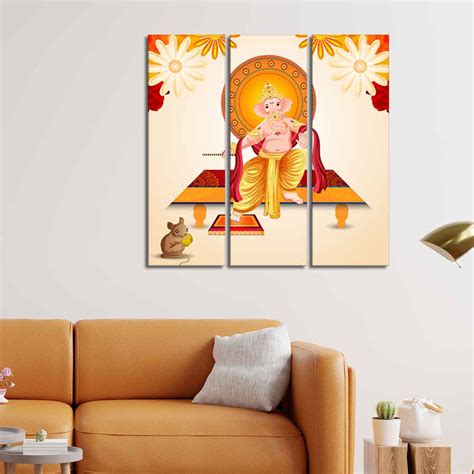 Flower Art Lord Ganesha Wall Painting Set of Three – Homcraft