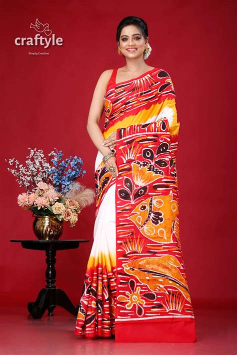 Hand Batik Fish Design Bengal Heritage Pure Cotton Saree – Craftyle