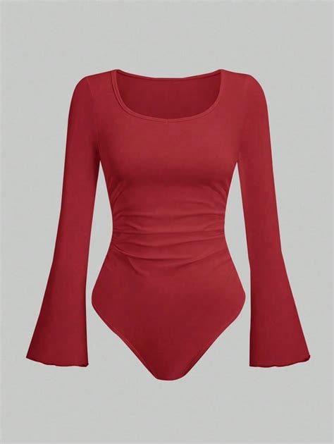 Sweetra Women's Pleated Flare Sleeve Bodysuit | SHEIN USA