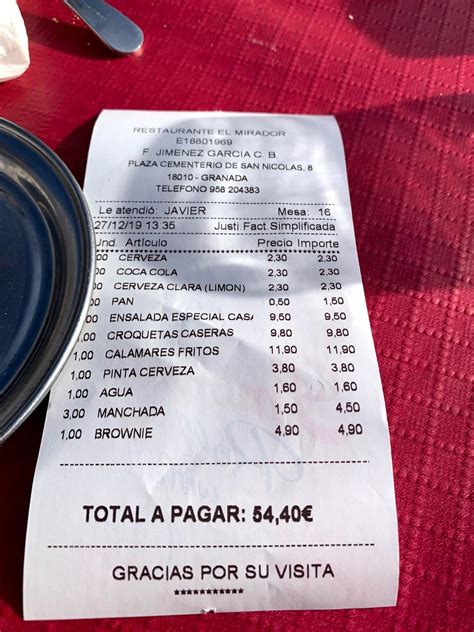 Menu at El Mirador restaurant, Granada