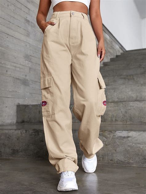 Patched Detail Flap Pocket Wide Leg Jeans | Cargo pants outfit, Cargo ...