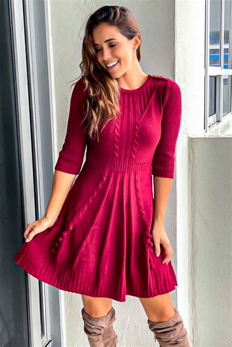 Burgundy Sweater Dress With Button Detail | Short Dresses – Saved by ...
