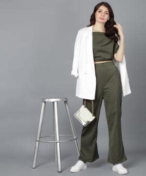 Crepe elasticated olive green solid co-ord sets for women/girls