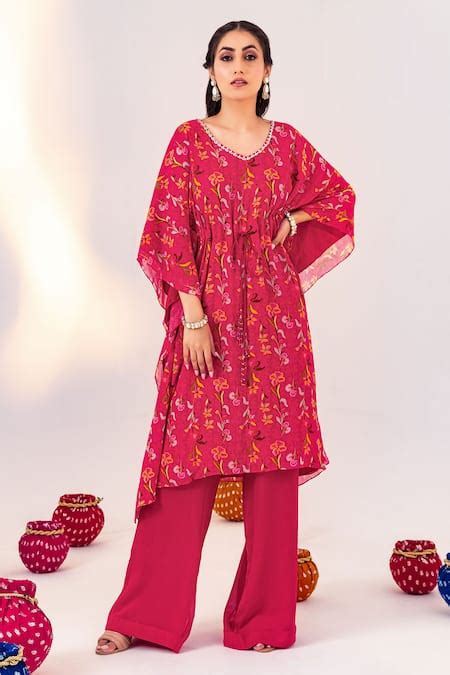 Buy Pink Georgette Print Floral V Neck Kaftan With Pant For Women by ...