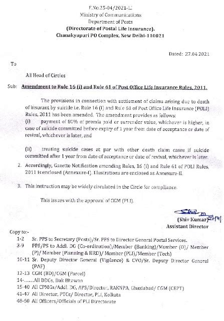Amendment to Rule-16(i) and Rule-61 of Post Office Life Insurance Rules ...