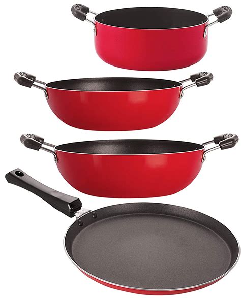 Buy Nirlon Non-Stick Aluminum Cookware Set, 4-Piece, Red and Black (2 ...
