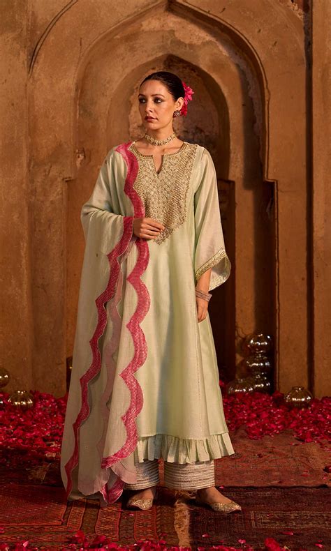 Tamara Set- Mint chanderi hand embroidered double layered kalidar kurt ...