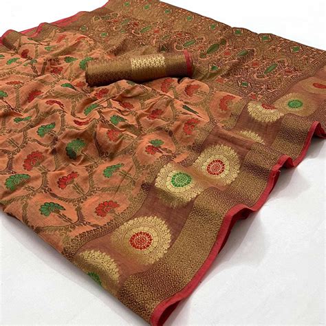 Peach Woven Cotton Blend Saree