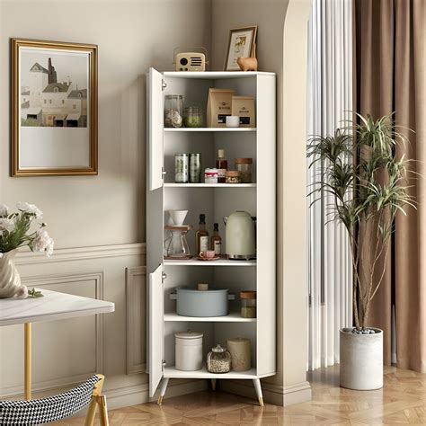 Modern White Corner Accent Cabinet with Stone Counter Top, 2 Cabinets ...
