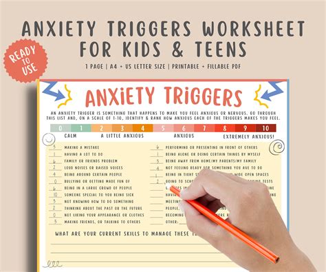 Anxiety Triggers Worksheet Kids Teens Children With Anxiety Scale, Mental Health Therapy ...