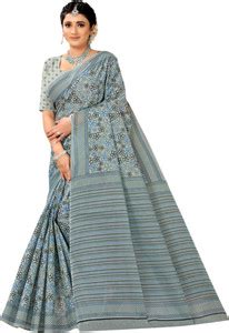 Buy karishma sarees Floral Print Chanderi Pure Cotton Grey Sarees ...