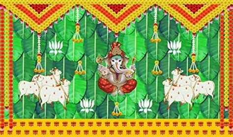 Backdropon Banana Leaf and Lotus Flower with Cows and Ganesh ji Design ...