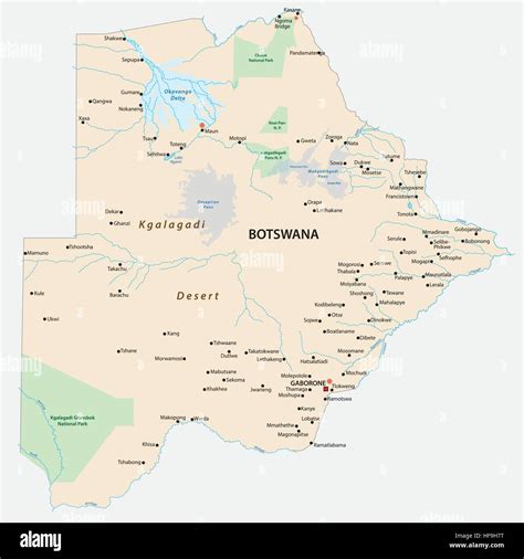 Map of the african state of botswana with the most important cities and ...