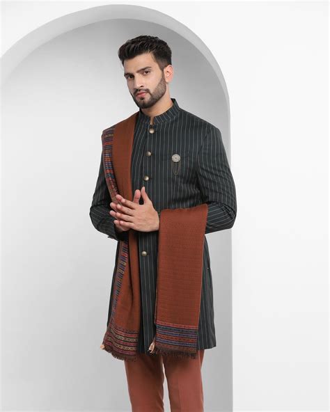 Buy Olive Swarn Stripe Achkan Set - Emeral Online