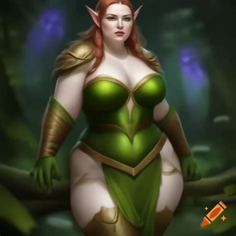 Full-body portrayal of a plus-size brunette elf woman on Craiyon