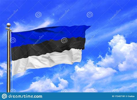 Estonia Blue Black White Stripes National Flag on Beautiful Summer Sky